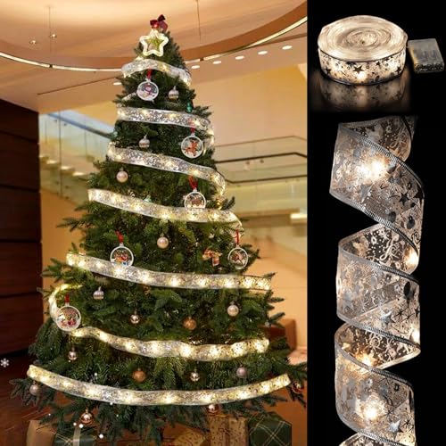 Acxilexy 5M/ 16.4Ft Weihnachtsband Lichter, 50 LED Weihnachtsbaum Band Lichterketten, Batteriebetrieben, Glitzer Band Schleifen Lichter für DIY Weihnachtsbaumschmuck Hochzeit Party Deko von Acxilexy