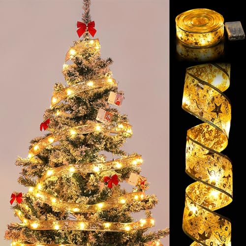 Acxilexy 5M/ 16.4Ft Weihnachtsband Lichter, 50 LED Weihnachtsbaum Band Lichterketten, Batteriebetrieben, Glitzer Band Schleifen Lichter für DIY Weihnachtsbaumschmuck Hochzeit Party Deko von Acxilexy