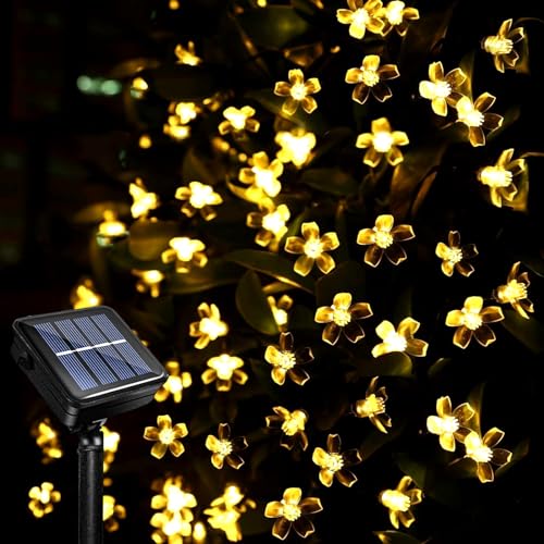 Acxilexy Solar Blumen Lichterketten Aussen, 7M 50LED Blumen-Lichterkette, 8 Modi Blühen Blume Lichterketten, Wasserdichte Kirschblüte Lichterkette für Hochzeit Patio Weihnachten Dekoration von Acxilexy