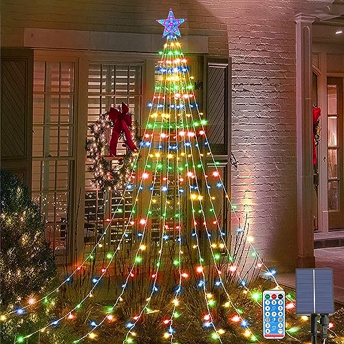 Acxilexy Solar Christbaumbeleuchtung mit Sterne, 2M*9 198 LEDs Tannenbaum Lichterketten, Fernbedienung, Wasserdicht Weihnachtsbaum Lichterketten mit 8 Modi für Weihnachtsbaum, Innen, Außen Dekor von Acxilexy