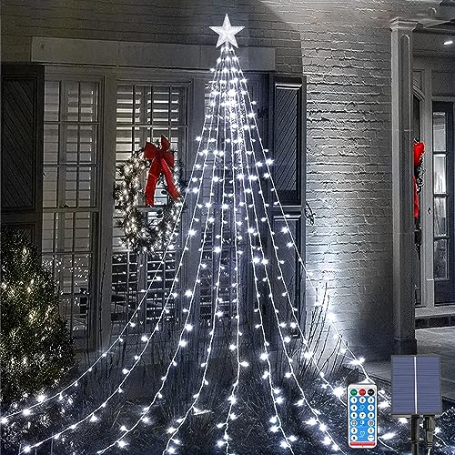 Solar Christbaumbeleuchtung mit Sterne, 2M*9 198 LEDs Tannenbaum Lichterketten, Fernbedienung, Wasserdicht Weihnachtsbaum Lichterketten mit 8 Modi für Weihnachtsbaum, Innen, Außen Dekor von Acxilexy