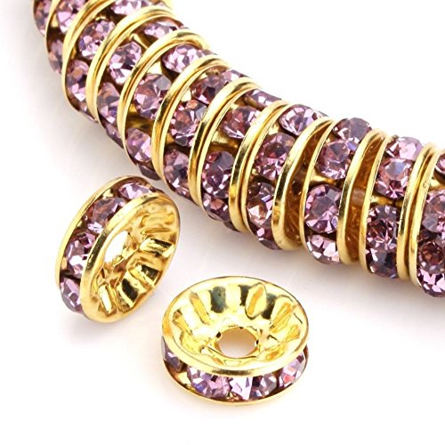 50 Stück AAA+ Qualität 5 mm (0,2 Zoll) 14 Karat vergoldetes Kupfer Messing Rondelle Spacer runde lose Perlen hell Amethyst österreichische Kristall Strass für Schmuckherstellung CF4-511 von Adabele