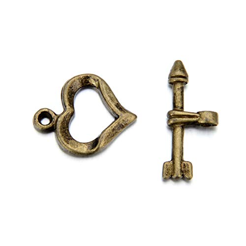 Knebelverschluss in Herzform, 13 mm, T-Steg-Verschlüsse, antiker Bronzeton, für Halsketten, Armbänder, Fußkettchen, Schmuckherstellung, MC-AF63, 20 Sets von Adabele