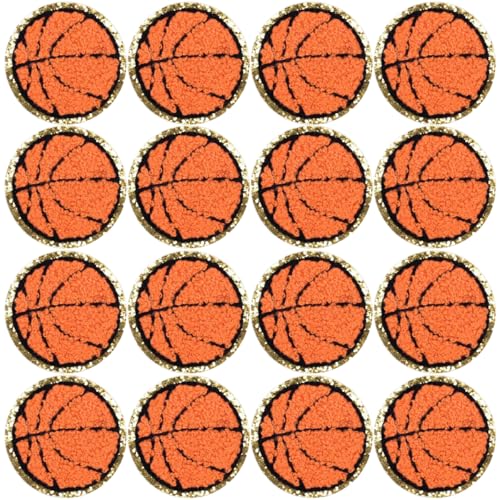 16 Stück Basketball Bügelbilder Basketball bestickte Patches Gold Kanten Chenille Patches Sport bestickte Patches Dekoration Nähen Patches für Kleidung Jeans Jacke Hut Kleid DIY Zubehör von AddLotLot