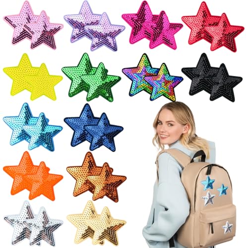 28 Stück Pailletten-Stern-Aufnäher zum Aufbügeln, glänzende Bügelapplikation, bestickte Flicken mit Pailletten, Sternen, glänzende Sterne, Stickerei, Pailletten-Patches für Kleidung, Taschen, Jacken, von AddLotLot