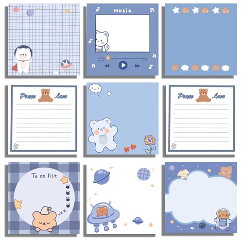 450x Süße Haftnotizen, Adeerus 9 Pack Kawaii Selbstklebende Klebezettel, Niedliche Bär Haftnotizzettel 8x8 cm Memo Notizblöcke Stiky Notes Set, Mitbringsel Geschenk für Kindergeburtstag Schulstarter von Adeerus