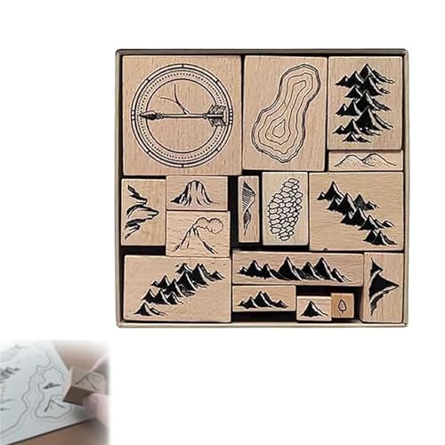 Handmade Map Making Stamp Kit - Map Making Stamp Kit, 16 Pcs Vintage Wooden Rubber Stamps Set, Rubber Stamps for Card Making, Mountains Rivers Forests Buildings Wooden Mounted Stamps (1) von Aderpmin