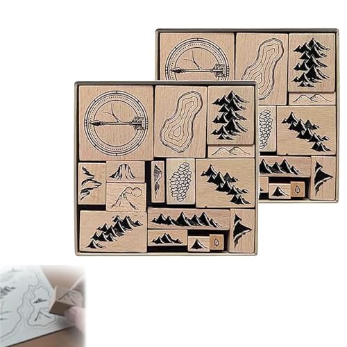 Handmade Map Making Stamp Kit - Map Making Stamp Kit, 16 Pcs Vintage Wooden Rubber Stamps Set, Rubber Stamps for Card Making, Mountains Rivers Forests Buildings Wooden Mounted Stamps (2) von Aderpmin