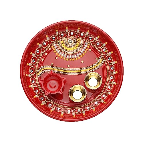 Handcrafted Red Thali Plate Small Pooja Thali Plate Engagement Ring Platter Decorative Steel Puja Thali with Diya for Aarti Pooja Rituals Festival Wedding Decorations & New Year Gifting(Size- 6") von Aditri Creation