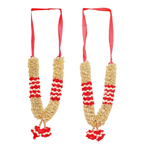 Set of 2 Artificial Flowers Ribbon Garland Haar Mala for Idol-Mala for God, Pooja Sringar Articles Ornament Festival Traditional Ganesha Diwali Decoration (Red & Golden)(Size:- 8") von Aditri Creation