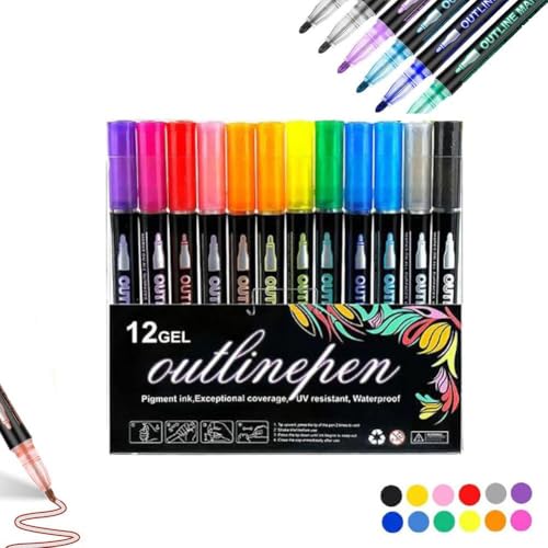 Adius Leuchtstifte zum Ausmalen,Textmarker zum Ausmalen von Graffiti,Konturenstifte mit zwei Linien, Metallic-Marker mit Selbstkontur, Kunststifte mit zwei Linien und Schimmer (12 Pcs) von Adius