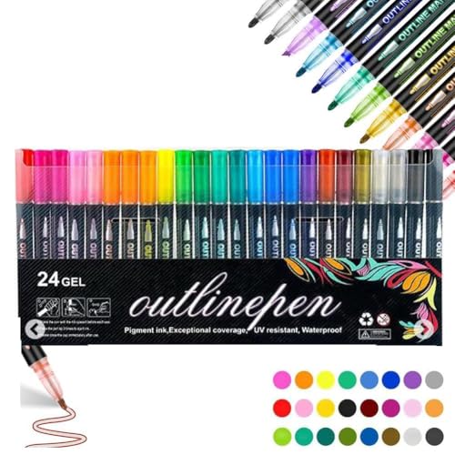 Adius Leuchtstifte zum Ausmalen,Textmarker zum Ausmalen von Graffiti,Konturenstifte mit zwei Linien, Metallic-Marker mit Selbstkontur, Kunststifte mit zwei Linien und Schimmer (24 Pcs) von Adius