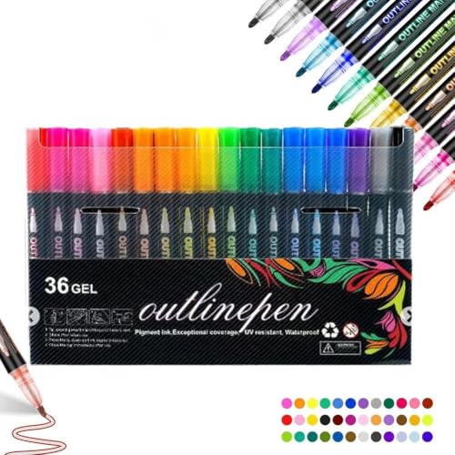 Adius Leuchtstifte zum Ausmalen,Textmarker zum Ausmalen von Graffiti,Konturenstifte mit zwei Linien, Metallic-Marker mit Selbstkontur, Kunststifte mit zwei Linien und Schimmer (36 Pcs) von Adius