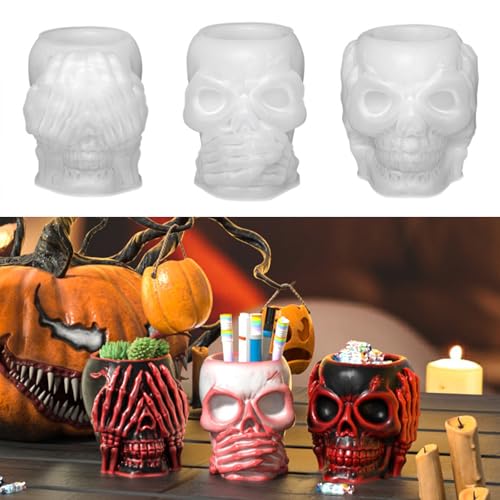 Epoxidharz-Formen, 3 Stück, Totenkopf-Aufbewahrungsbox, Silikonformen für Harzhandwerk, Silikonharz-Formen für Topfkerzenhalter, Ornamente, Behälter, Stifthalter, DIY, Halloween-Dekoration, Geschenke von Adkoyalala