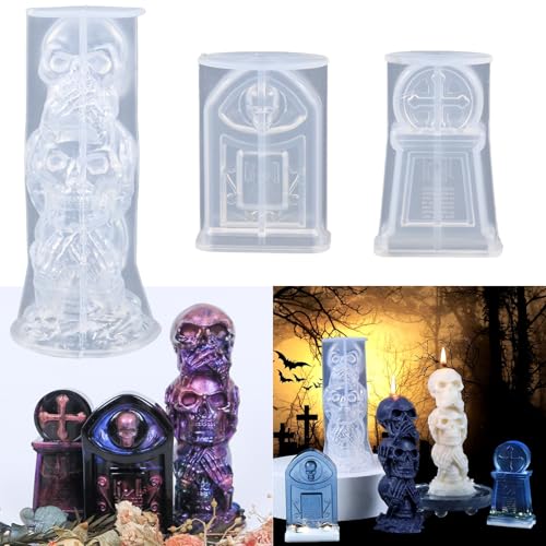 Silikonformen für Harz, 3 Stück, Halloween-Totenkopf-Grabstein-Kerzen-Silikonformen, 3D-Epoxidharz-Formen für selbstgemachte Kerzen, Aromatherapie, Seife, Heimdekoration, Gießkunst, Handwerk, von Adkoyalala