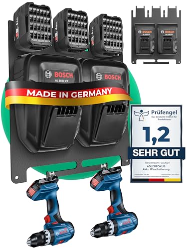 Adlerfokus Wandhalterung für Bosch Power-for-All Akkus & Ladegeräte [Made in Germany] Bosch Akkuhalter mit Premium Montagematerial - 33 x 28cm Akku Wandhalterung für Ordnung in der Werkstatt von Adlerfokus