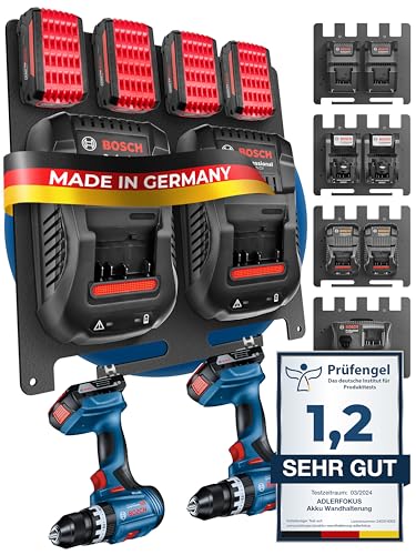 Adlerfokus Wandhalterung für Bosch Professional Akkus & Ladegeräte [Made in Germany] Akkuhalter mit Premium Montagematerial - Ladegerät - 33 x 32cm Akku Wandhalterung für Ordnung & System von Adlerfokus