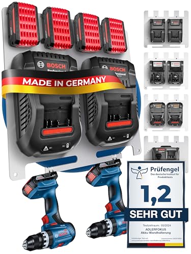 Adlerfokus Wandhalterung für Bosch Professional Akkus & Ladegeräte [Made in Germany] Akkuhalter mit Premium Montagematerial - Ladegerät - 33 x 32cm Akku Wandhalterung für Ordnung & System von Adlerfokus