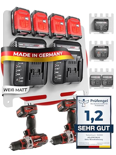 Adlerfokus Wandhalterung für Einhell Akkus & Ladegeräte [MADE IN GERMANY] Einhell Akkuhalter Wandhalterung mit Premium Montagematerial - Einhell Akku Wandhalterung 18V - Einhell Akku Halterung Wand von Adlerfokus