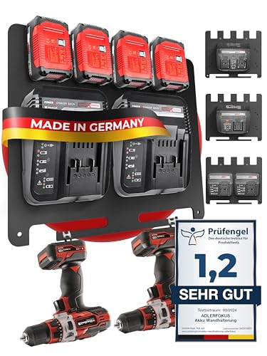 Adlerfokus Wandhalterung für Einhell Akkus & Ladegeräte [Made in Germany] Einhell Akkuhalter Wandhalterung mit Premium Montagematerial - Einhell Akku Wandhalterung 18V - Einhell Akku Halterung Wand von Adlerfokus