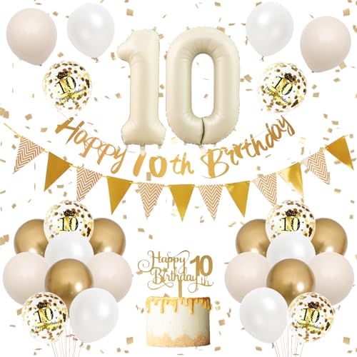 10 Geburtstag Deko,Luftballon 10.Geburtstag Mädchen Junge,Beige Gold Geburtstagsdeko mit Happy Birthday Banner Girlande Ballon 10.Geburtstag Tortendeko für 10 Jahre Geburtstag Party Dekoration von Adorely