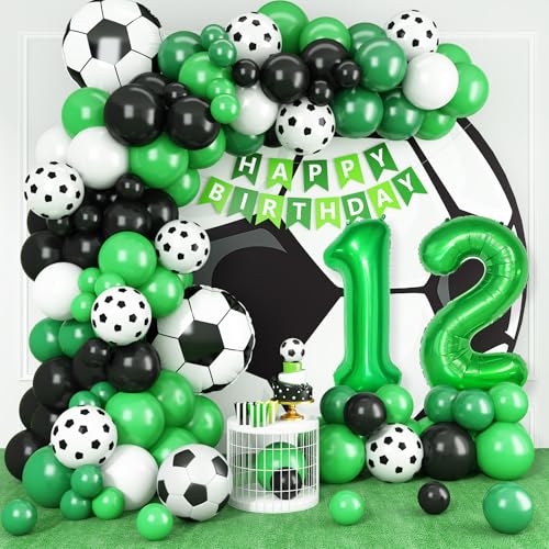 12 Fußball Geburtstagsdeko,12 Geburtstag Luftballons Girland mit Ballon 12 Happy Birthday Girlande Fussball Luftballon Grün Schwarz Luftballon für Kinder Junge 12 Geburtstag Party Dekoration von Adorely