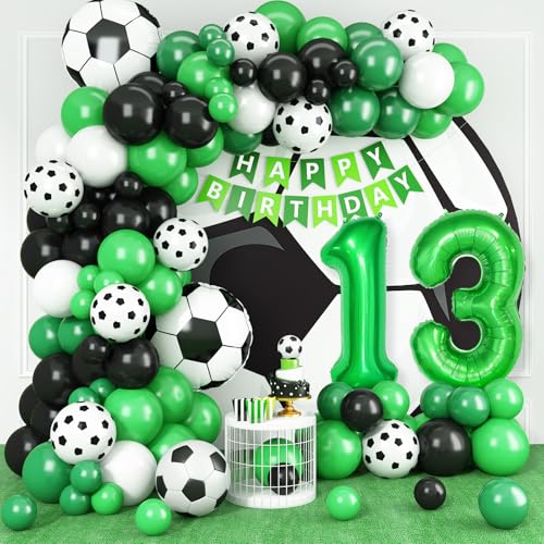 13 Fußball Geburtstagsdeko,13 Geburtstag Luftballons Girland mit Ballon 13 Happy Birthday Girlande Fussball Luftballon Grün Schwarz Luftballon für Kinder Junge 13 Geburtstag Party Dekoration von Adorely