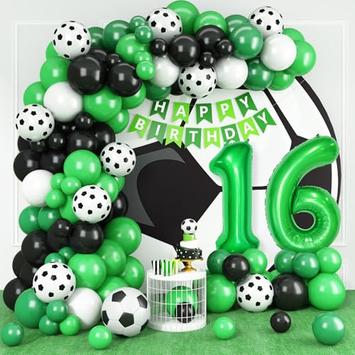 16 Fußball Geburtstagsdeko,16 Geburtstag Luftballons Girland mit Ballon 16 Happy Birthday Girlande Fussball Luftballon Grün Schwarz Luftballon für Kinder Junge 16 Geburtstag Party Dekoration von Adorely