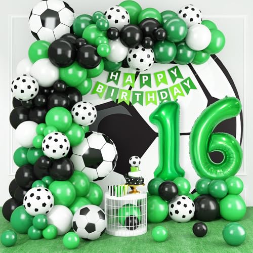 16 Fußball Geburtstagsdeko,16 Geburtstag Luftballons Girland mit Ballon 16 Happy Birthday Girlande Fussball Luftballon Grün Schwarz Luftballon für Kinder Junge 16 Geburtstag Party Dekoration von Adorely