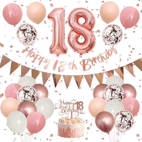 18 Geburtstag Deko,Luftballon 18.Geburtstag Mädchen,Retro Rosa Rosegold Geburtstagsdeko mit Happy Birthday Banner Girlande Ballon 18.Geburtstag Tortendeko für 18 Jahre Geburtstag Party Dekoration von Adorely