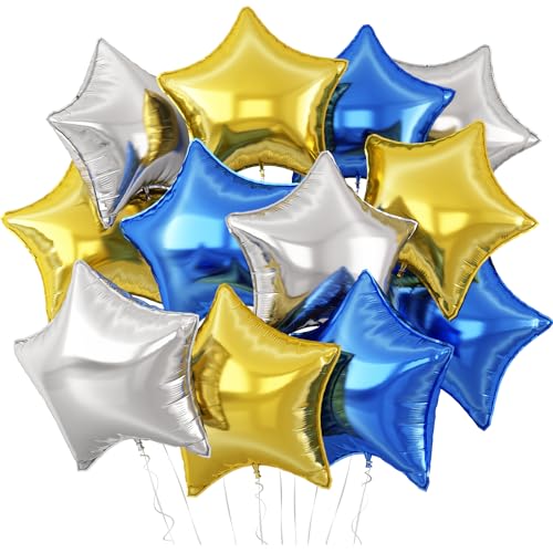 Blau Gold Stern Luftballons,12 Stück Blau Gold Silber Stern Geformt Folie Luftballon,18 Zoll Große Blue Silber Helium Mylar Luftballons für Abschlussfeier Geburtstag Jahrestag Party Dekoration von Adorely