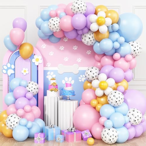 Hund Paw Luftballons Girlande,Regenbogen Ballon Girlande Kit mit Pastell Blau Rosa Lila Gelb Gänseblümchen Luftballons Für Kinder Geburtstagdeko Baby Shower Welpen Party Dekorations von Adorely