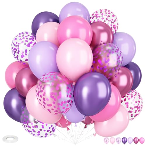 Luftballons Rosa Lila, 12 Zoll Lila und Rosa Latex Ballons mit Konfetti Luftballons, Dunkelrosa Hellrosa Metallic Rosa Lila Helium Ballons für Hochzeit Mädchen Geburtstage Babypartys Deko A3-QQ von Adorely