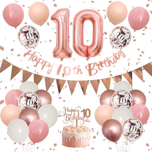 10 Geburtstag Deko,Luftballon 10.Geburtstag Mädchen,Retro Rosa Rosegold Geburtstagsdeko mit Happy Birthday Banner Girlande Ballon 10.Geburtstag Tortendeko für 10 Jahre Geburtstag Party Dekoration von Adorely