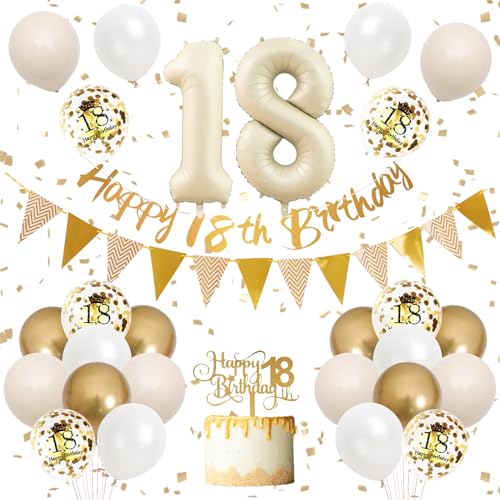 18 Geburtstag Deko,Luftballon 18.Geburtstag Mädchen Junge,Beige Gold Geburtstagsdeko mit Happy Birthday Banner Girlande Ballon 18.Geburtstag Tortendeko für 18 Jahre Geburtstag Party Dekoration von Adorely