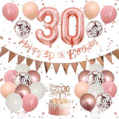 30 Geburtstag Deko,Luftballon 30.Geburtstag Frauen,Retro Rosa Rosegold Geburtstagsdeko mit Happy Birthday Banner Girlande Ballon 30.Geburtstag Tortendeko für 30 Jahre Geburtstag Party Dekoration von Adorely