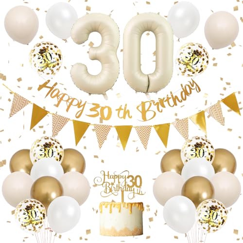 30 Geburtstag Deko,Luftballon 30.Geburtstag Frauen Mann,Beige Gold Geburtstagsdeko mit Happy Birthday Banner Girlande Ballon 30.Geburtstag Tortendeko für 30 Jahre Geburtstag Party Dekoration von Adorely