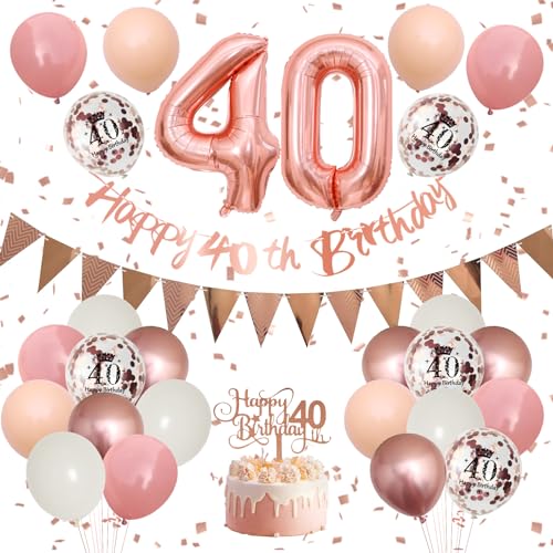 40 Geburtstag Deko,Luftballon 40.Geburtstag Frauen,Retro Rosa Rosegold Geburtstagsdeko mit Happy Birthday Banner Girlande Ballon 40.Geburtstag Tortendeko für 40 Jahre Geburtstag Party Dekoration von Adorely