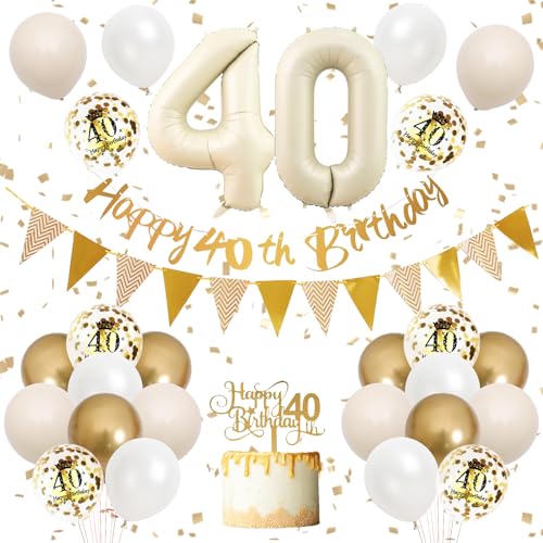 40 Geburtstag Deko,Luftballon 40.Geburtstag Frauen Mann,Beige Gold Geburtstagsdeko mit Happy Birthday Banner Girlande Ballon 40.Geburtstag Tortendeko für 40 Jahre Geburtstag Party Dekoration von Adorely