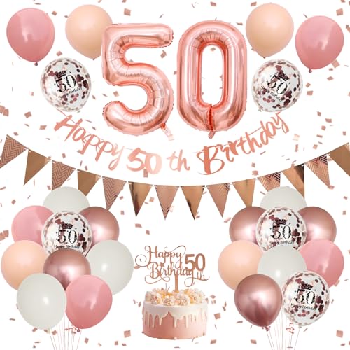 50 Geburtstag Deko,Luftballon 50.Geburtstag Frauen,Retro Rosa Rosegold Geburtstagsdeko mit Happy Birthday Banner Girlande Ballon 50.Geburtstag Tortendeko für 50 Jahre Geburtstag Party Dekoration von Adorely