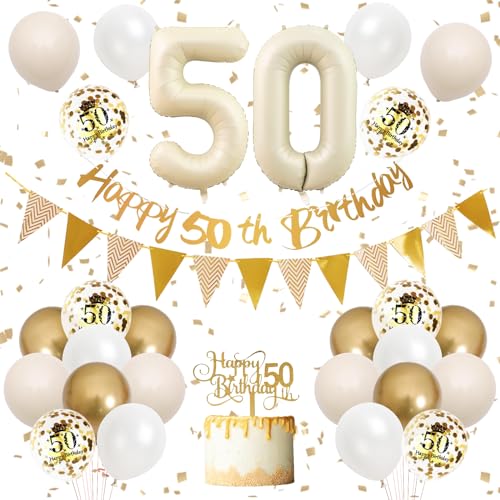 50 Geburtstag Deko,Luftballon 50.Geburtstag Frauen Mann,Beige Gold Geburtstagsdeko mit Happy Birthday Banner Girlande Ballon 50.Geburtstag Tortendeko für 50 Jahre Geburtstag Party Dekoration von Adorely