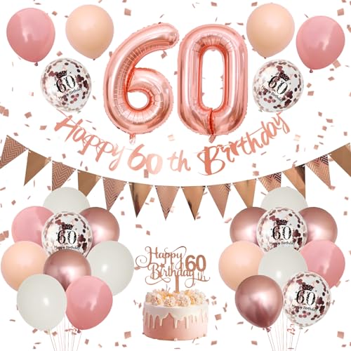 60 Geburtstag Deko,Luftballon 60.Geburtstag Frauen,Retro Rosa Rosegold Geburtstagsdeko mit Happy Birthday Banner Girlande Ballon 60.Geburtstag Tortendeko für 60 Jahre Geburtstag Party Dekoration von Adorely