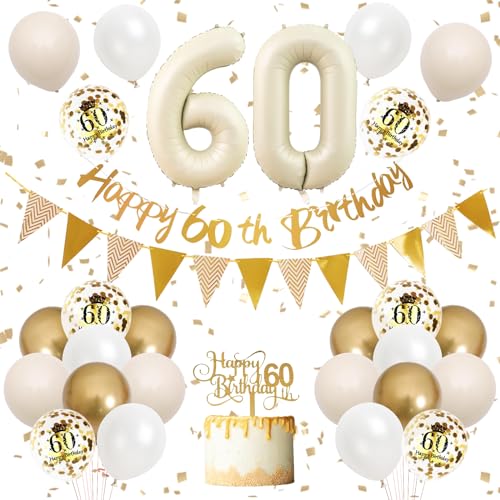 60 Geburtstag Deko,Luftballon 60.Geburtstag Frauen Mann,Beige Gold Geburtstagsdeko mit Happy Birthday Banner Girlande Ballon 60.Geburtstag Tortendeko für 60 Jahre Geburtstag Party Dekoration von Adorely