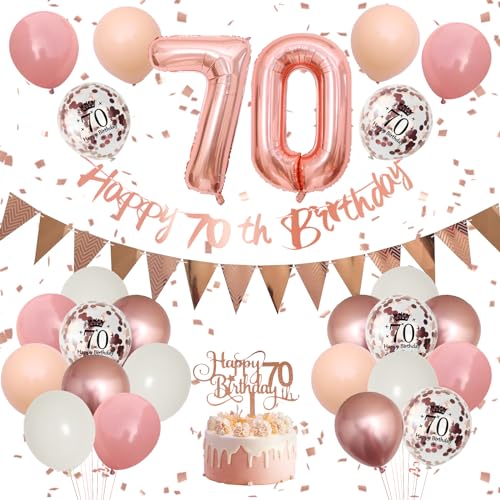 70 Geburtstag Deko,Luftballon 70.Geburtstag Frauen,Retro Rosa Rosegold Geburtstagsdeko mit Happy Birthday Banner Girlande Ballon 70.Geburtstag Tortendeko für 70 Jahre Geburtstag Party Dekoration von Adorely