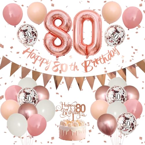 80 Geburtstag Deko,Luftballon 80.Geburtstag Frauen,Retro Rosa Rosegold Geburtstagsdeko mit Happy Birthday Banner Girlande Ballon 80.Geburtstag Tortendeko für 80 Jahre Geburtstag Party Dekoration von Adorely