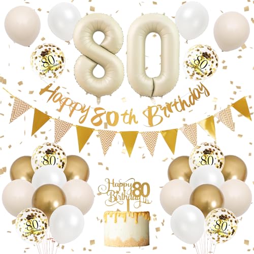 80 Geburtstag Deko,Luftballon 80.Geburtstag Frauen Mann,Beige Gold Geburtstagsdeko mit Happy Birthday Banner Girlande Ballon 80.Geburtstag Tortendeko für 80 Jahre Geburtstag Party Dekoration von Adorely