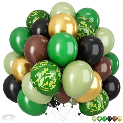 Luftballons Camouflage Grün Braun, 12 Zoll Militär Party Luftballon, Dunkelgrün Sage Grün Braun Schwarz Ballon mit Metallic Gold Luftballon für Junge Geburtstag Armee Jagd Camping Dschungel A3-QQ von Adorely