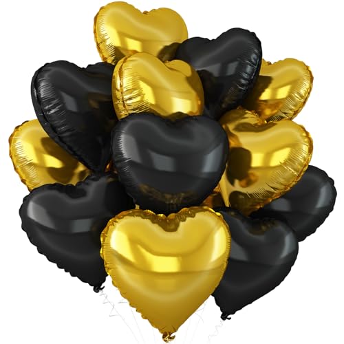 Schwarz Gold Herz Luftballons,12Stück Gold Herz Geformt Folie Luftballon,18Zoll Schwarz Helium Mylar Luftballons für Baby Dusche Geburtstag Jubiläum Hochzeit Party Dekoration von Adorely