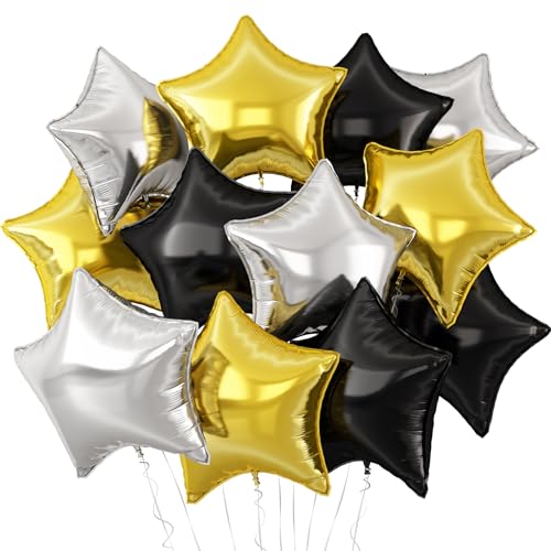 Schwarz Gold Silber Stern Luftballons,12 Stück Schwarz Silber Stern Geformt Folie Luftballon,18 Zoll Große Schwarz Gold Helium Mylar Luftballon für Abschlussfeier Geburtstag Jahrestag Party Dekoration von Adorely