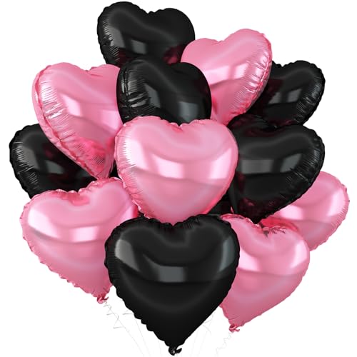 Schwarz Rosa Herz Luftballons,12Stück Hell Rosa Herz Geformt Folie Luftballon,18Zoll Schwarz Perlrosa Helium Mylar Luftballons für Baby Dusche Geburtstag Jubiläum Hochzeit Party Dekoration von Adorely